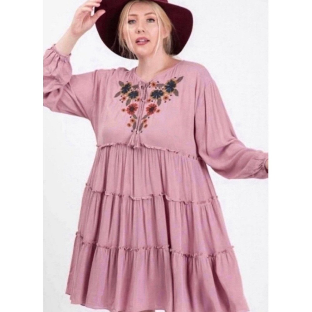 Hailey & Co Mauve Pink Embroidered Boho Tiered Dress Long Sleeve 1X‎